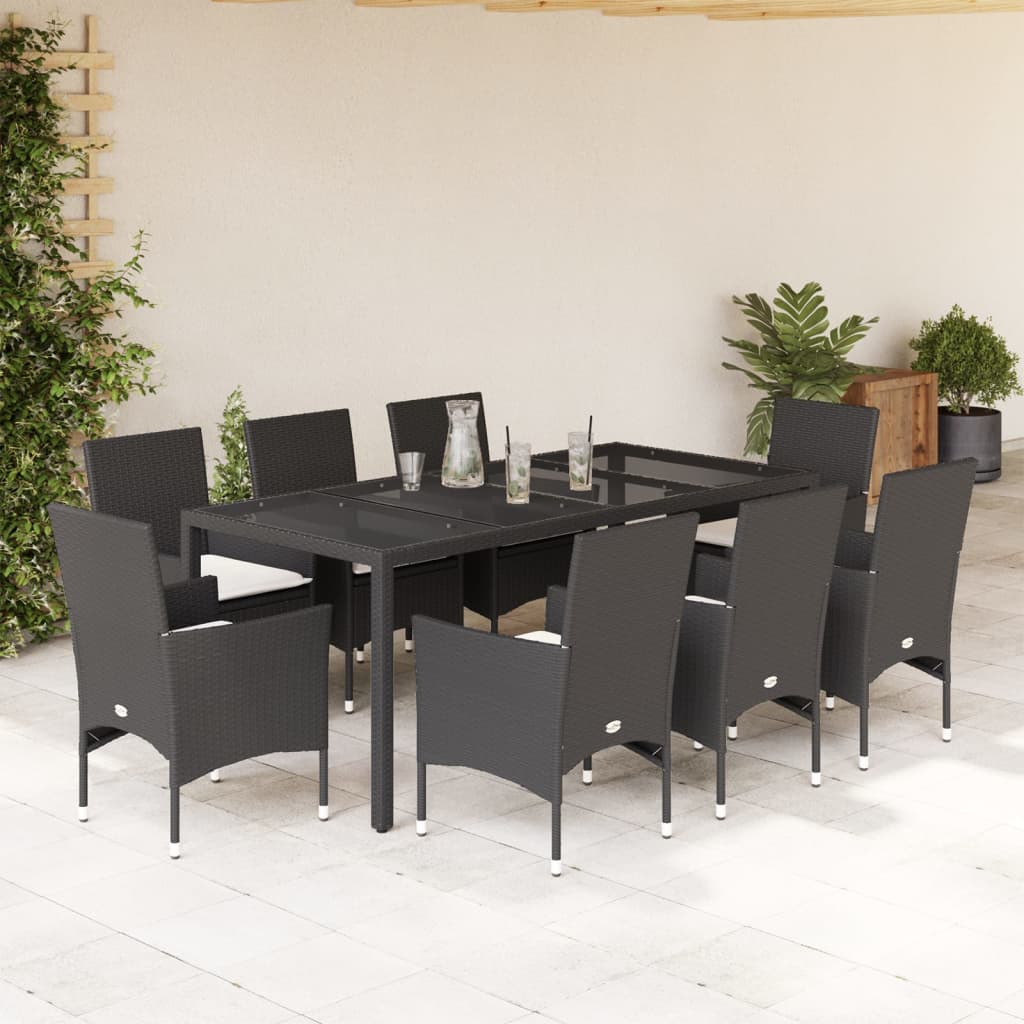 Vetonek Set comedor jardín 9 pzas cojines ratán sintético vidrio negro