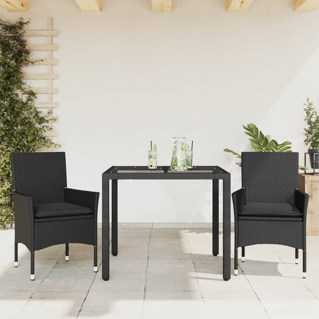 Vetonek Set comedor jardín 3 pzas cojines ratán sintético vidrio negro