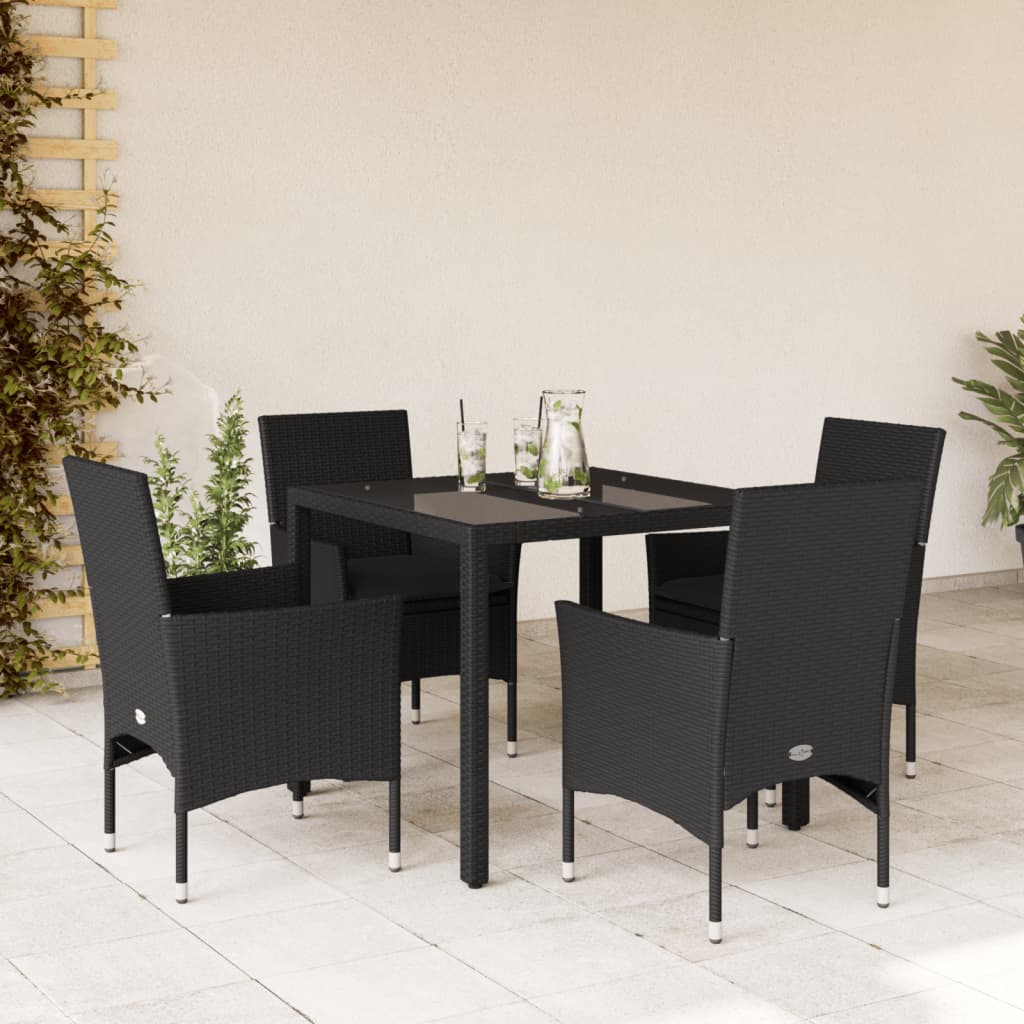 Vetonek Set comedor jardín 5 pzas cojines ratán sintético vidrio negro