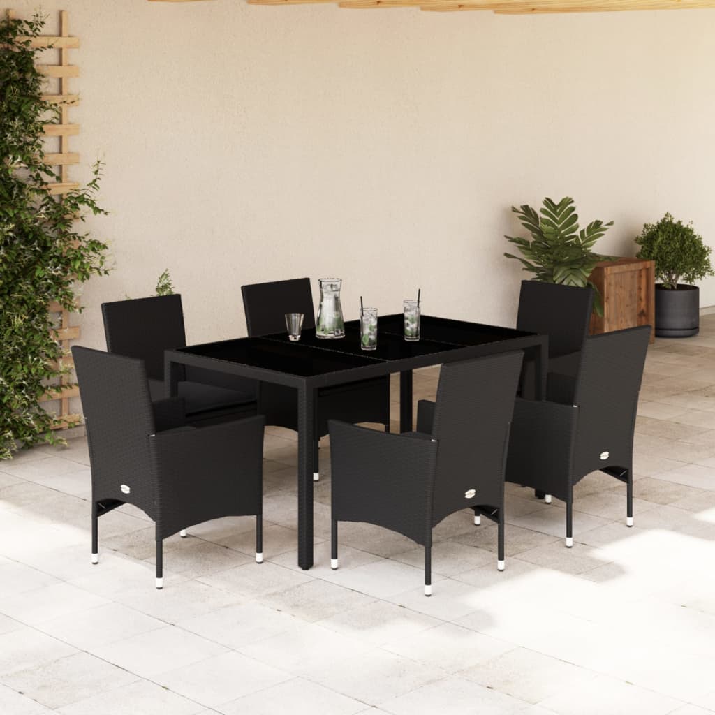 Vetonek Set comedor jardín 7 pzas cojines ratán sintético vidrio negro