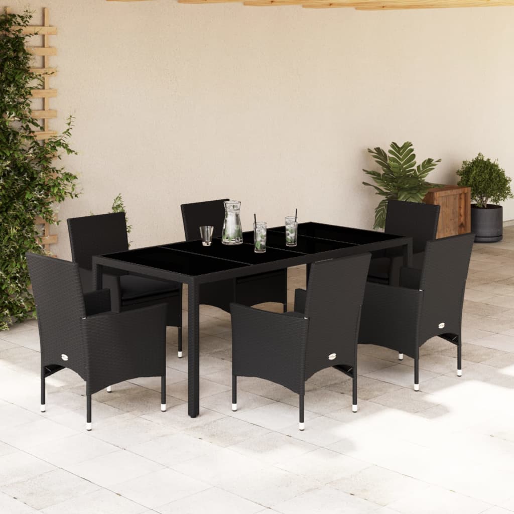 Vetonek Set comedor jardín 7 pzas cojines ratán sintético vidrio negro