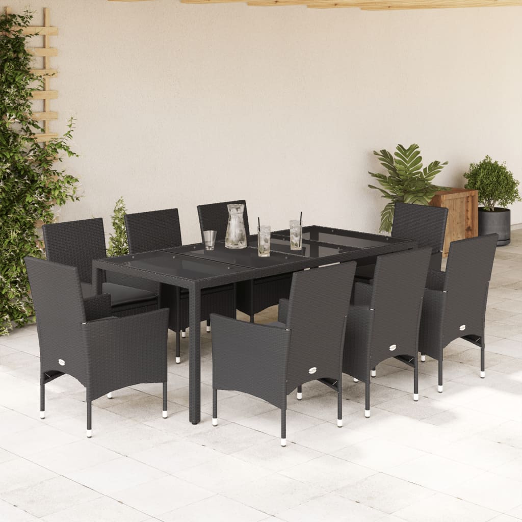 Vetonek Set comedor jardín 9 pzas cojines ratán sintético vidrio negro