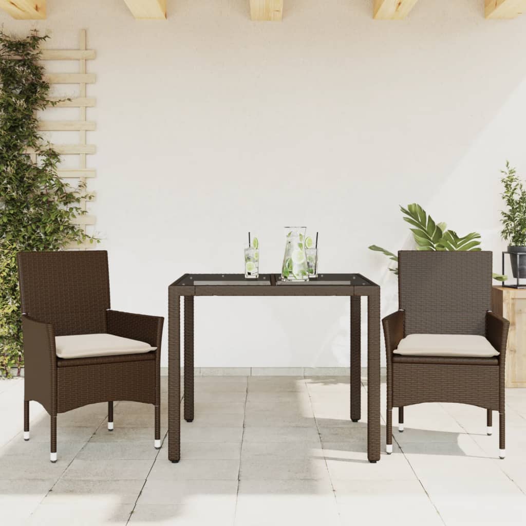 Vetonek Set comedor jardín 3 pzas cojines ratán sintético vidrio marrón