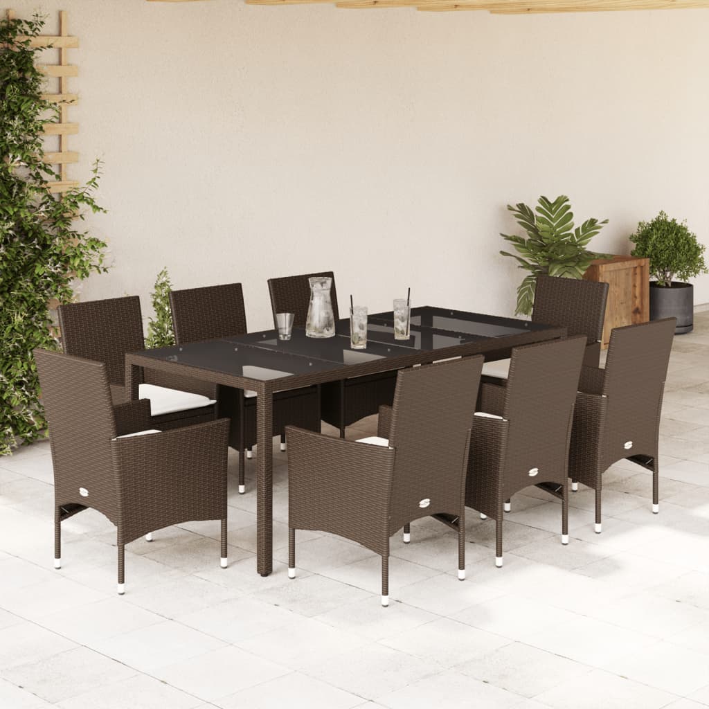 Vetonek Set comedor jardín 9 pzas cojines ratán sintético vidrio marrón