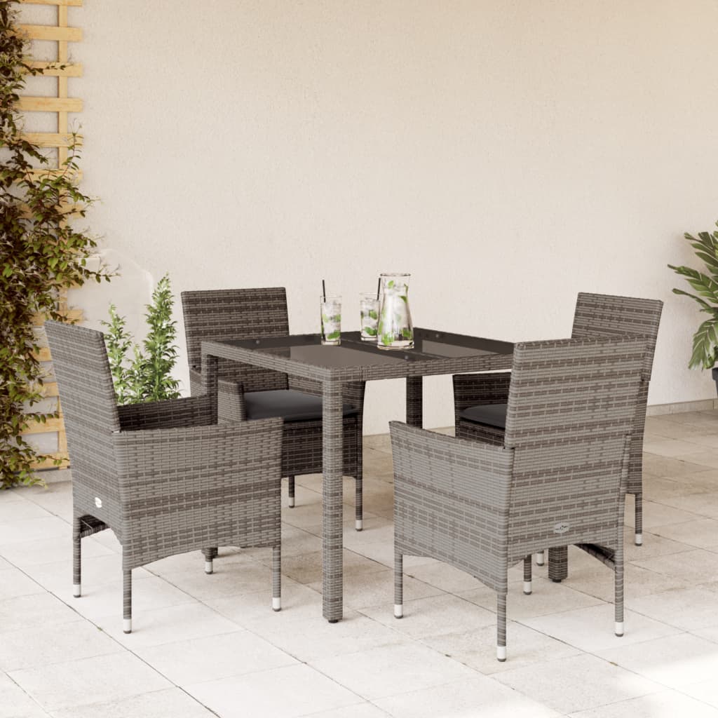 Vetonek Set comedor jardín 5 pzas y cojines ratán sintético vidrio gris