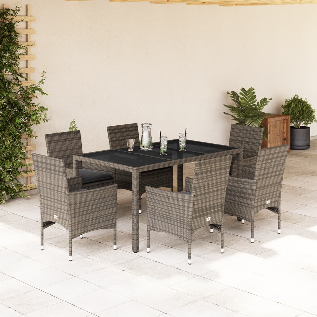 Vetonek Set comedor jardín 7 pzas y cojines ratán sintético vidrio gris