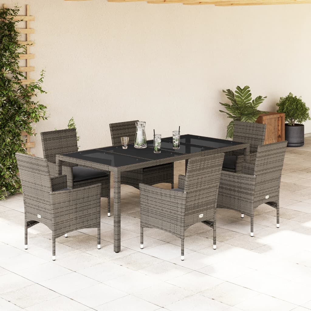 Vetonek Set comedor jardín 7 pzas y cojines ratán sintético vidrio gris