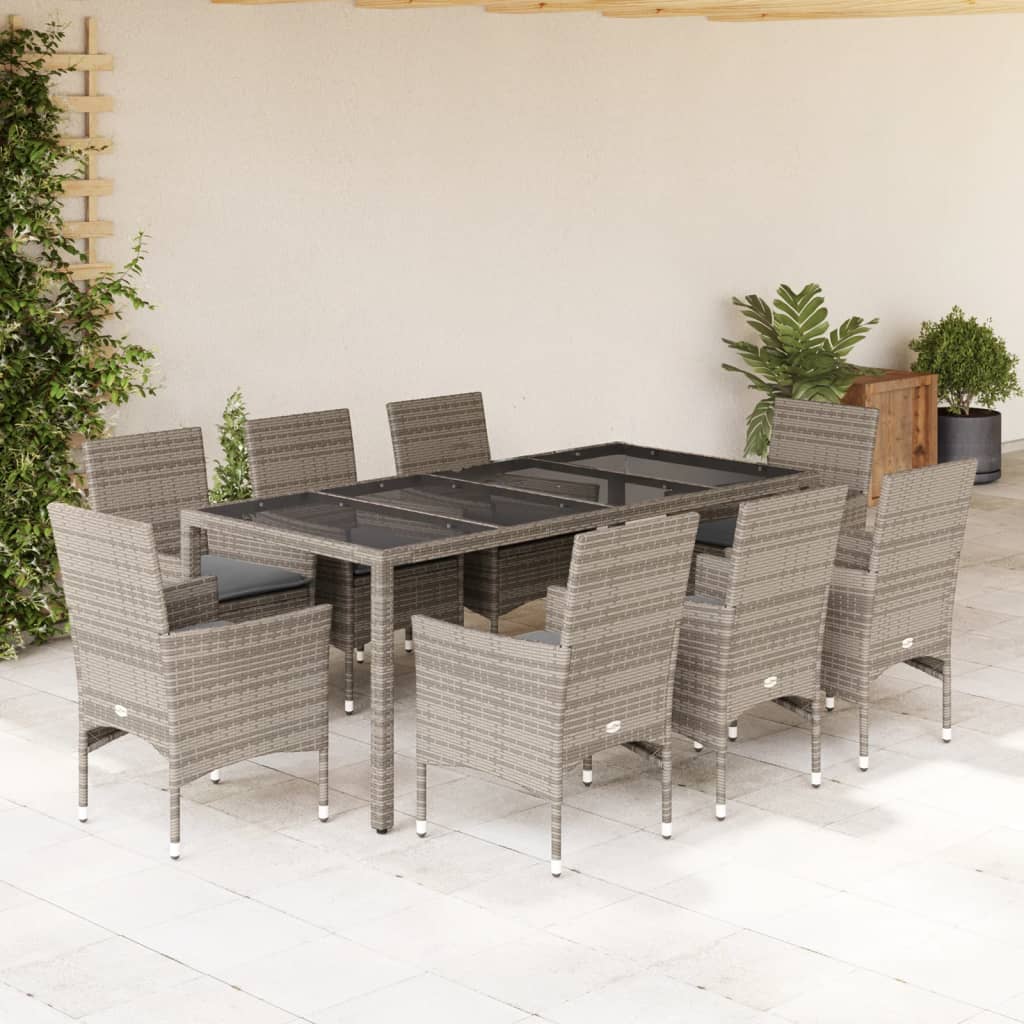 Vetonek Set comedor jardín 9 pzas y cojines ratán sintético vidrio gris