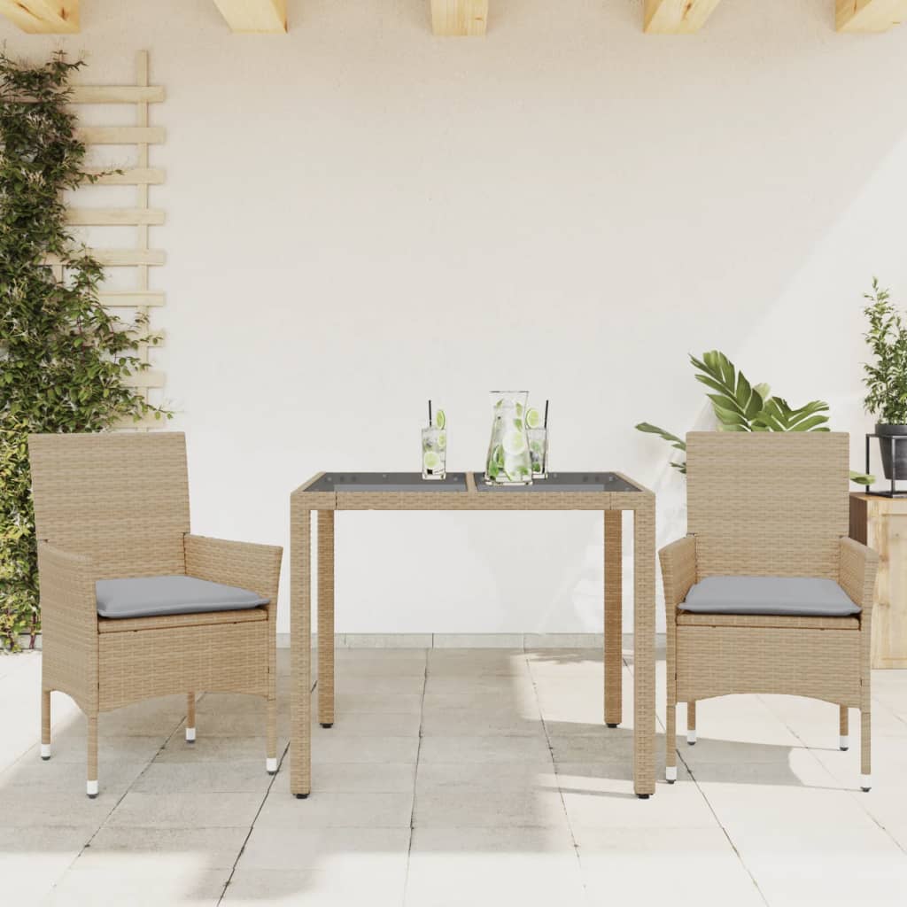 Vetonek Set comedor jardín 3 pzas cojines ratán sintético vidrio beige