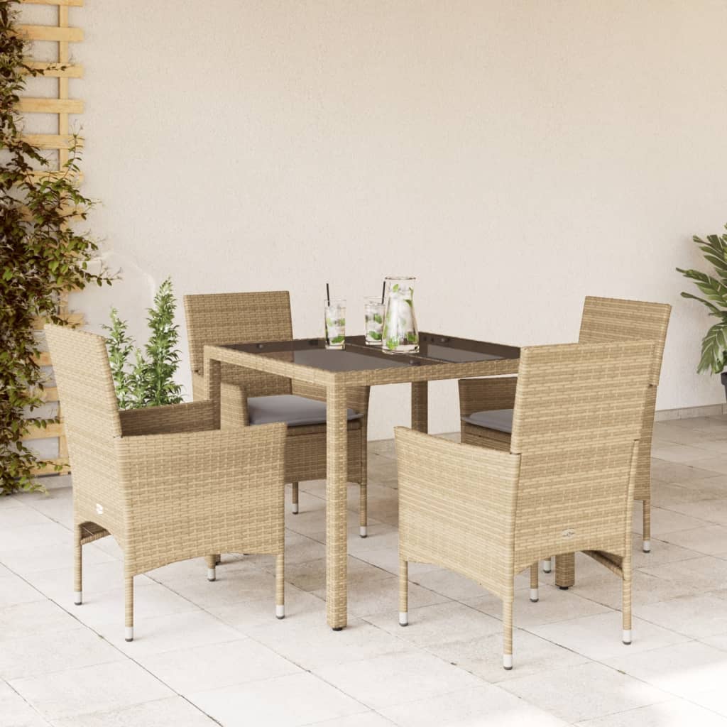 Vetonek Set comedor jardín 5 pzas cojines ratán sintético vidrio beige