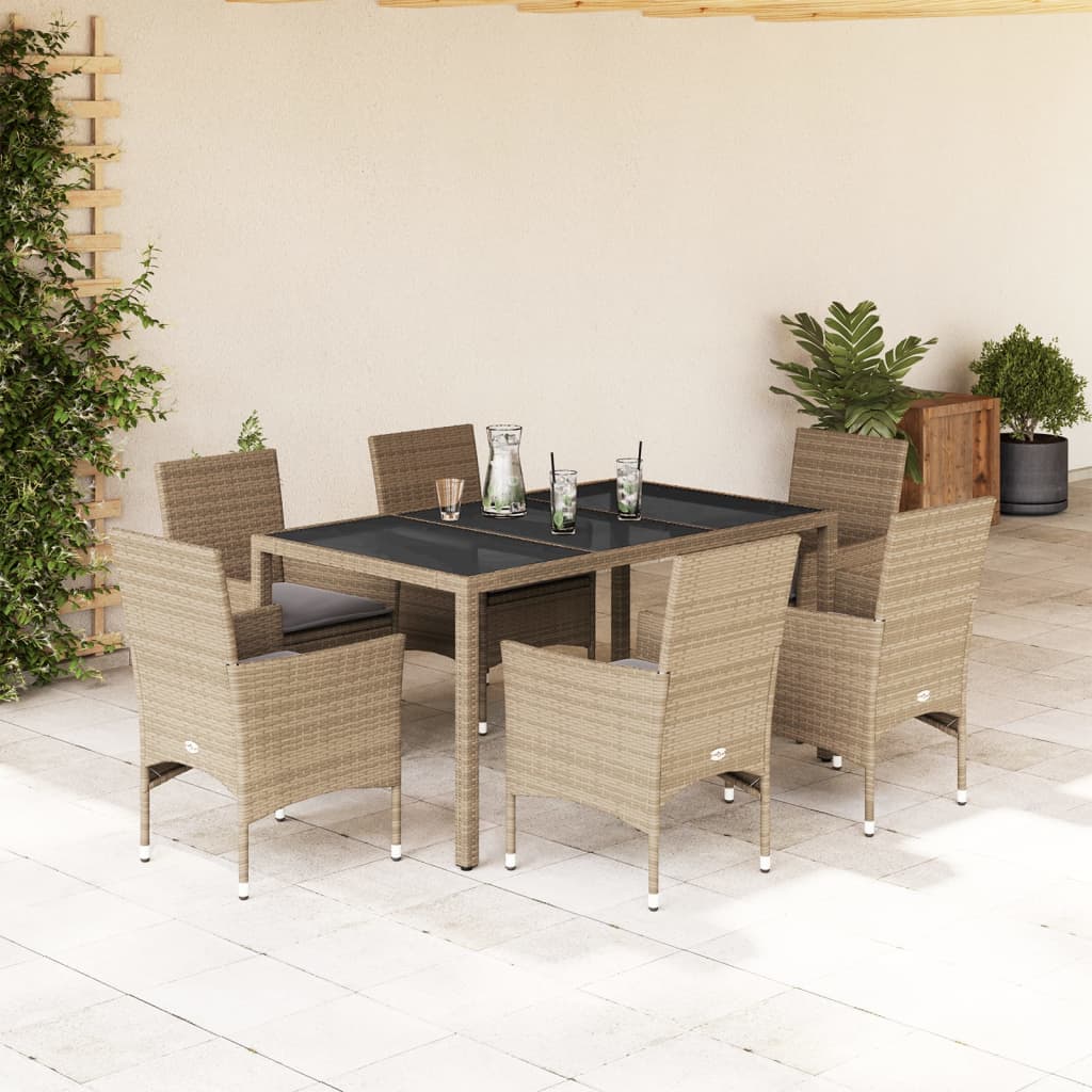 Vetonek Set comedor jardín 7 pzas cojines ratán sintético vidrio beige