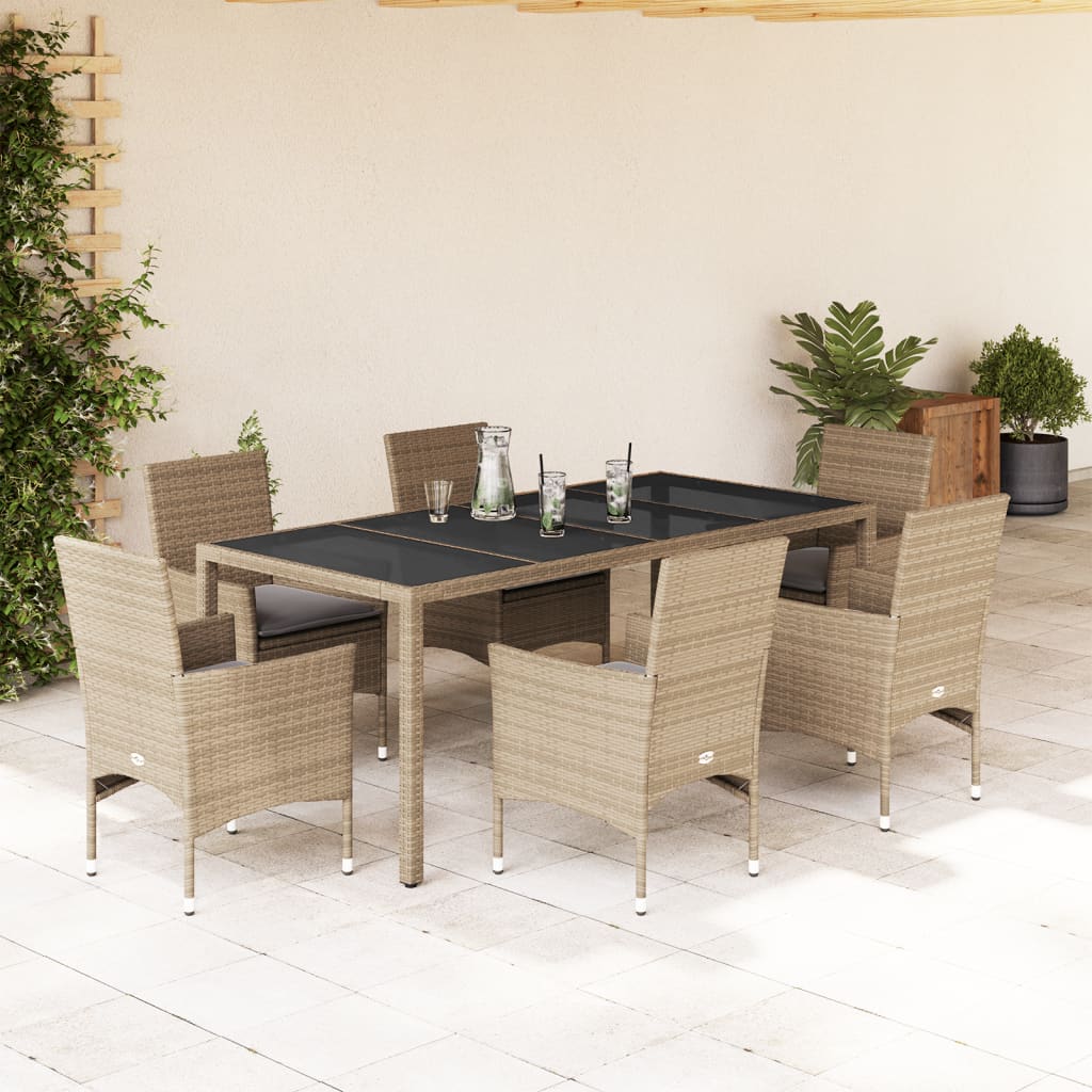 Vetonek Set comedor jardín 7 pzas cojines ratán sintético vidrio beige