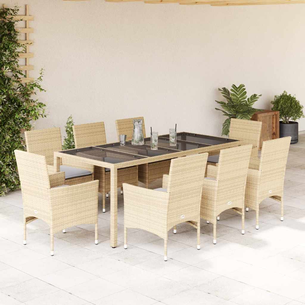 Vetonek Set comedor jardín 9 pzas cojines ratán sintético vidrio beige