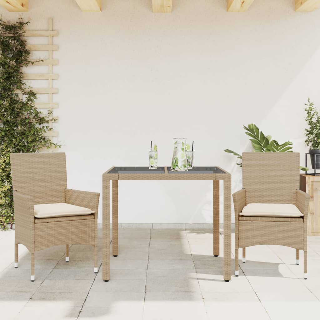 Vetonek Set comedor jardín 3 pzas cojines ratán sintético vidrio beige