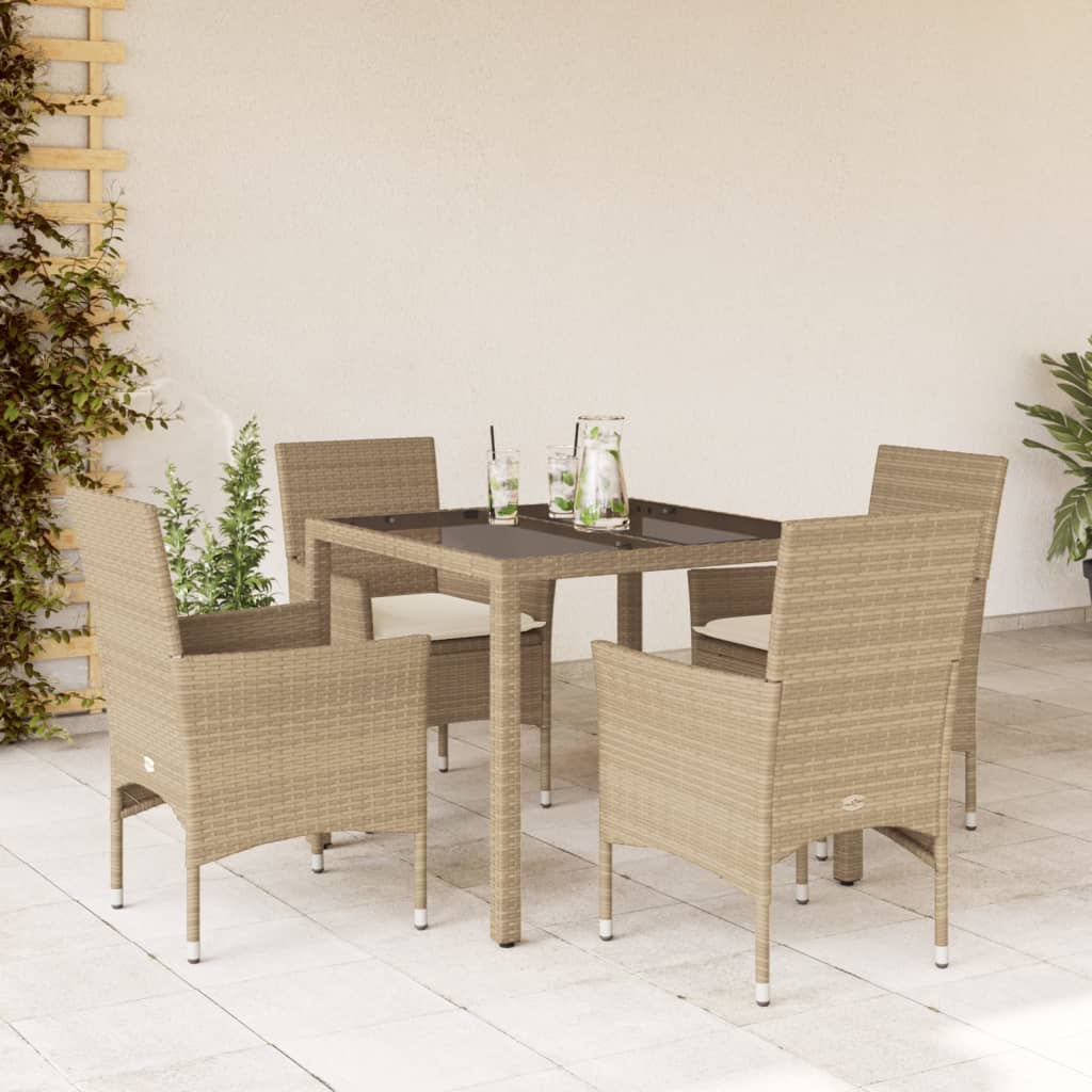 Vetonek Set comedor jardín 5 pzas cojines ratán sintético vidrio beige