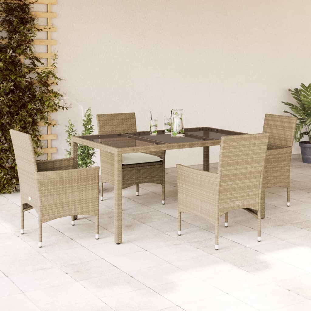 Vetonek Set comedor jardín 5 pzas cojines ratán sintético vidrio beige