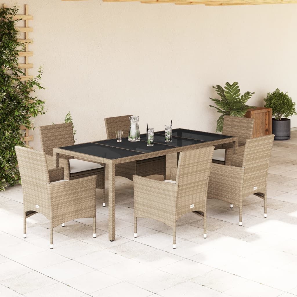 Vetonek Set comedor jardín 7 pzas cojines ratán sintético vidrio beige