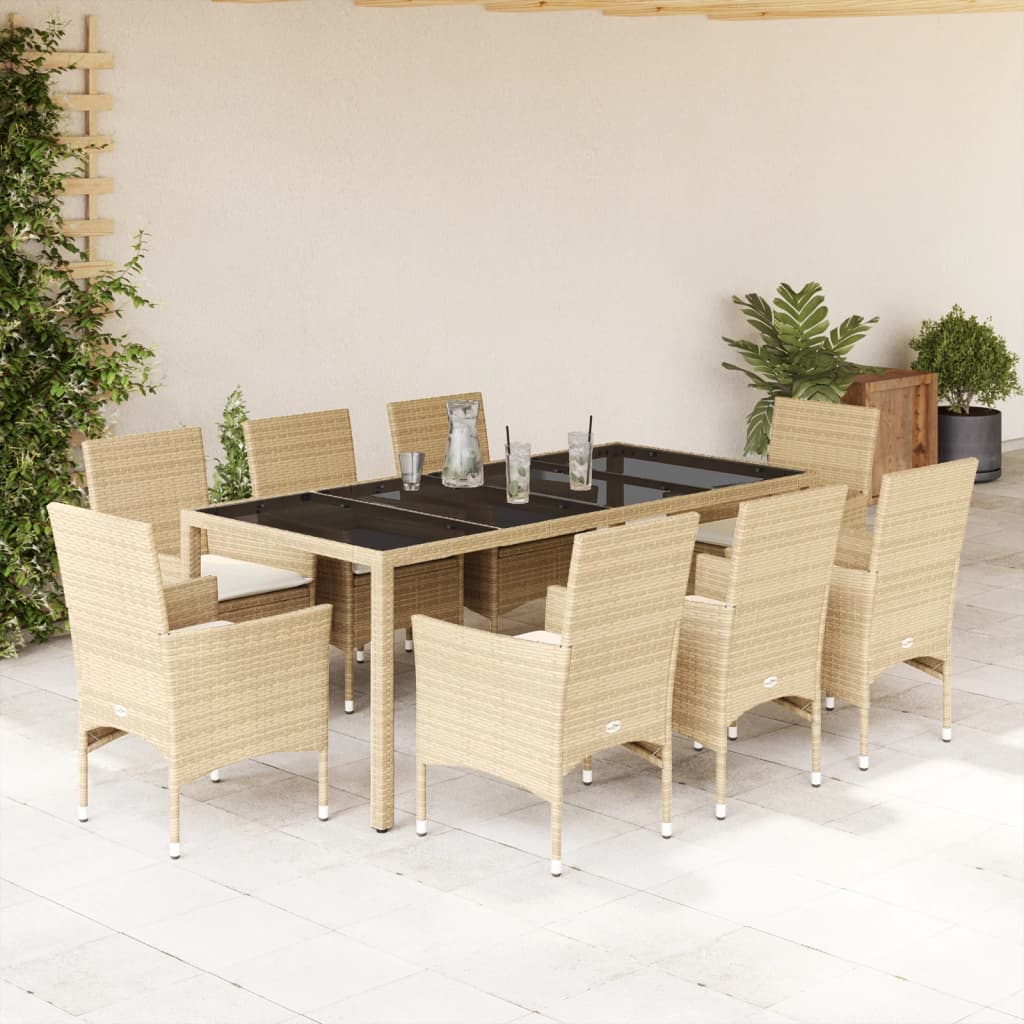 Vetonek Set comedor jardín 9 pzas cojines ratán sintético vidrio beige