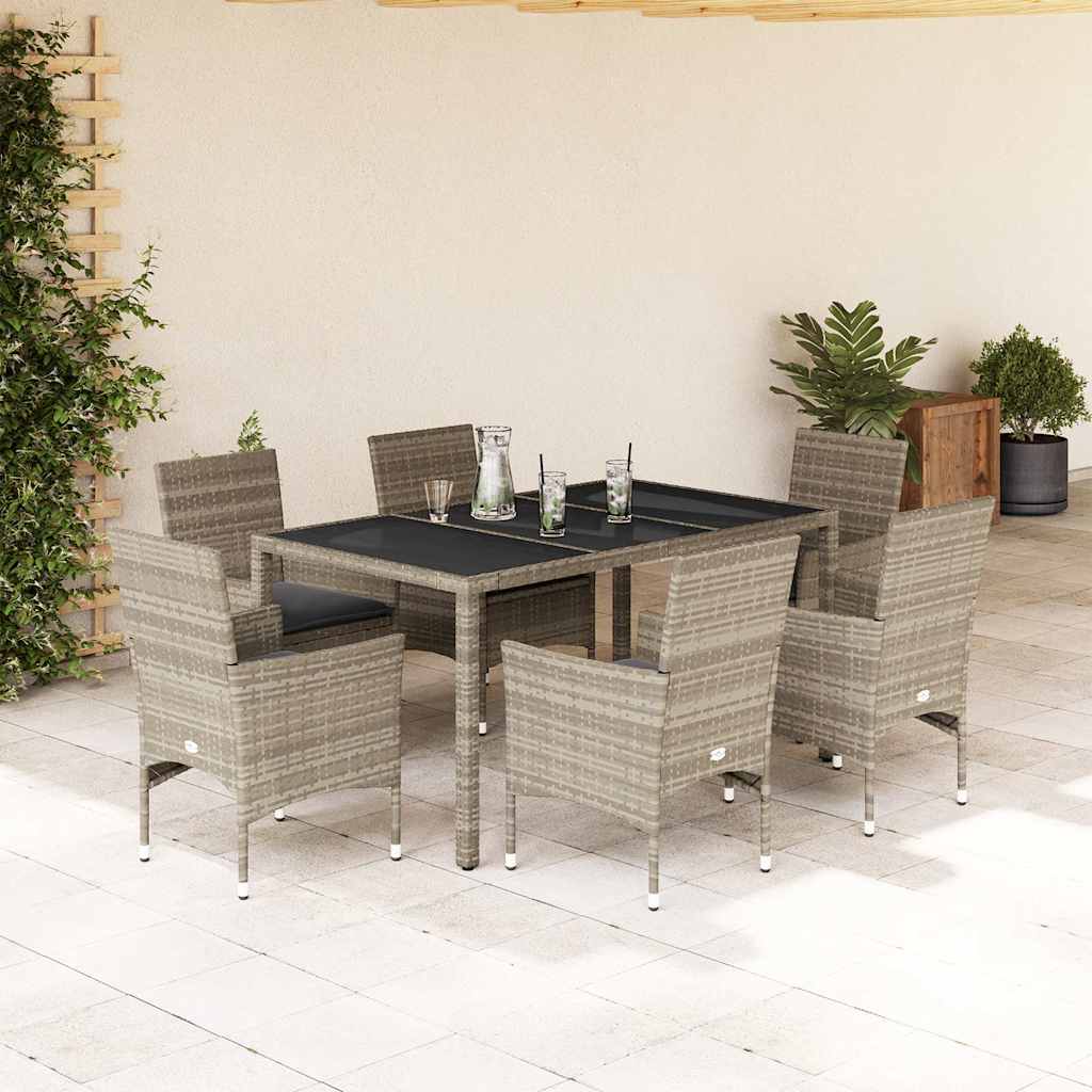 Vetonek Set de comedor jardín 7 piezas y cojines ratán PE y vidrio gris