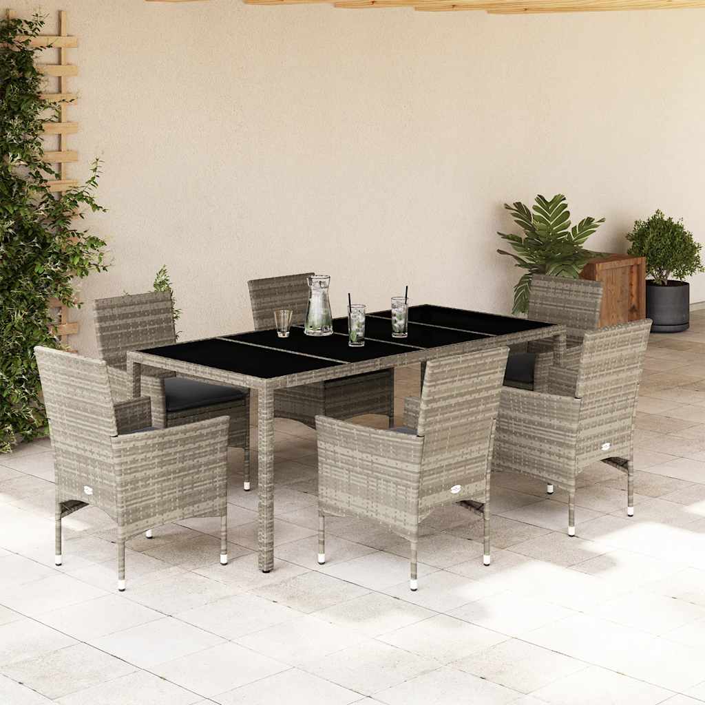 Vetonek Set de comedor jardín 7 piezas y cojines ratán PE y vidrio gris