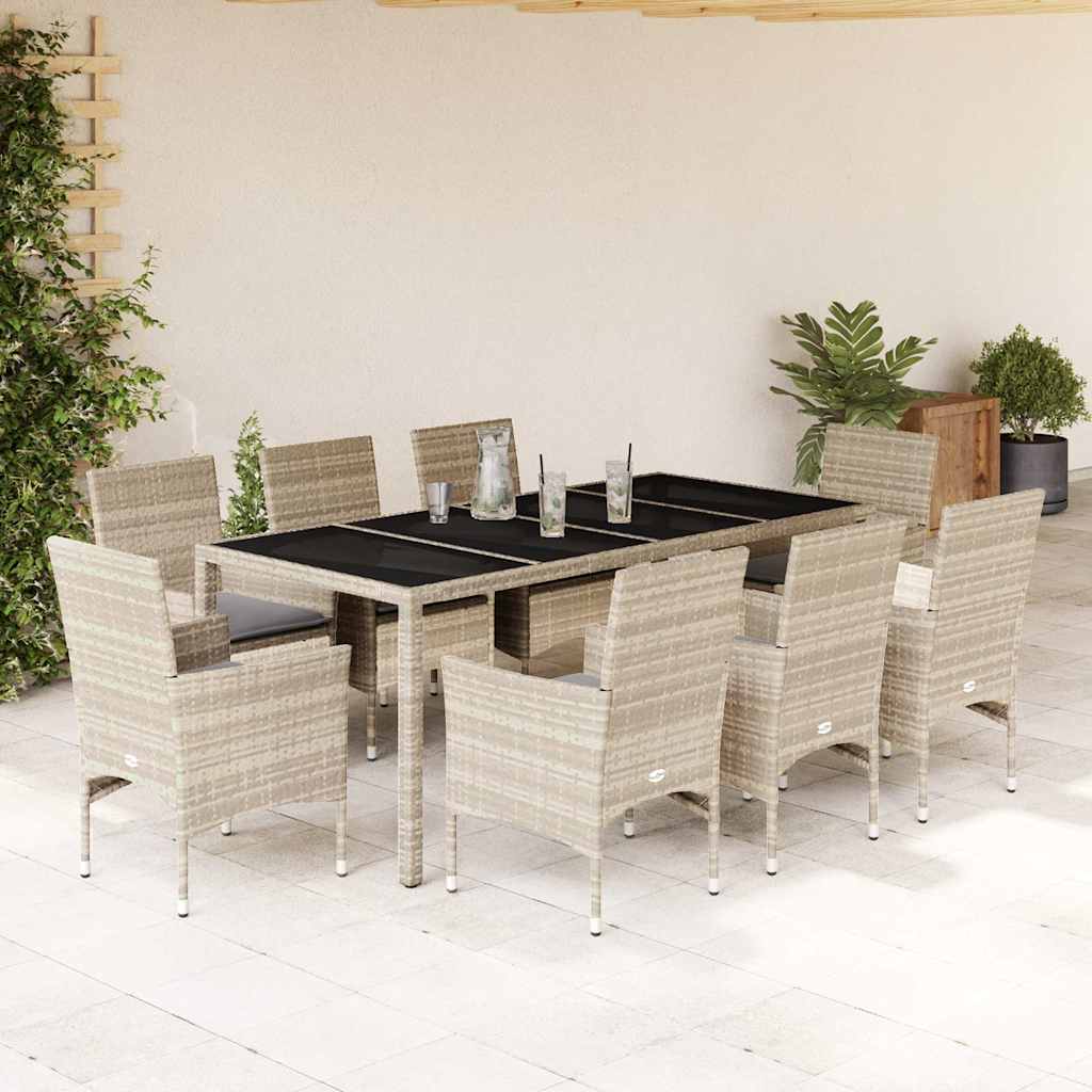 Vetonek Set de comedor jardín 9 piezas y cojines ratán PE y vidrio gris