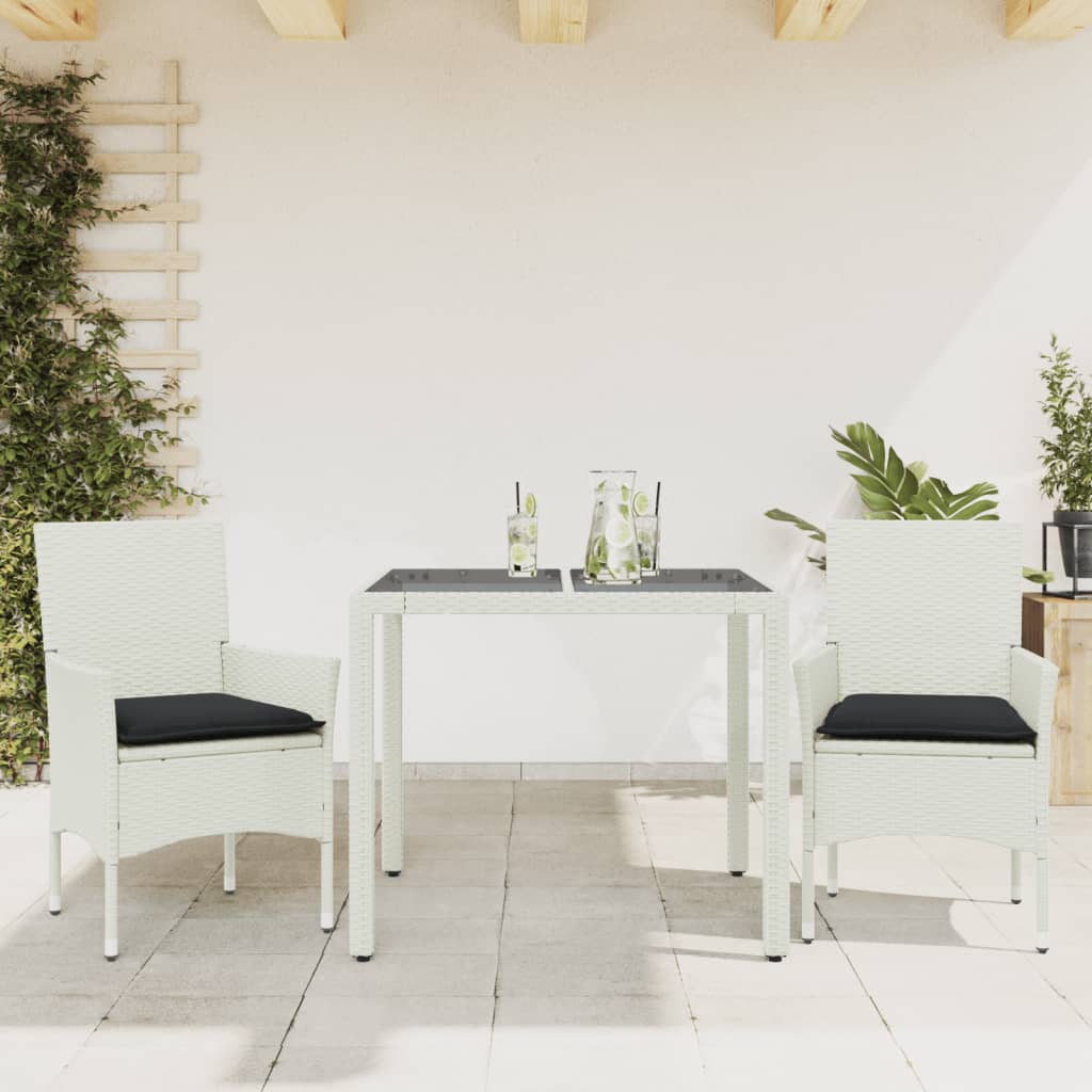 Vetonek Set comedor jardín 3 pzas cojines ratán sintético vidrio blanco