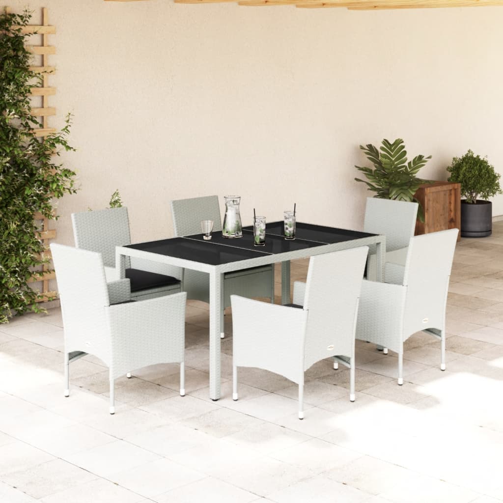 Vetonek Set comedor jardín 7 pzas cojines ratán sintético vidrio blanco