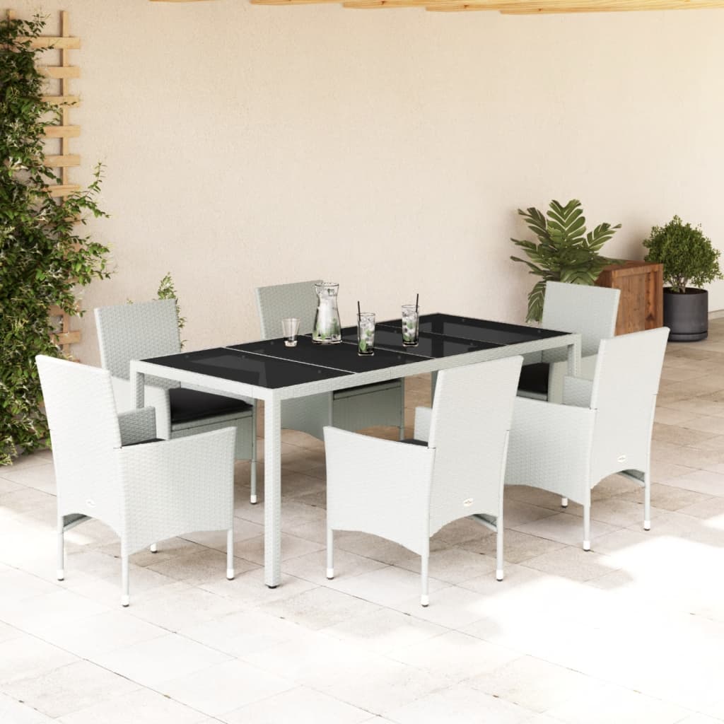 Vetonek Set comedor jardín 7 pzas cojines ratán sintético vidrio blanco