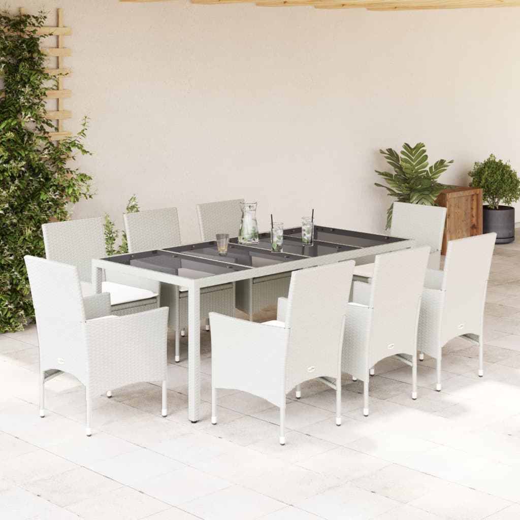 Vetonek Set comedor jardín 9 pzas cojines ratán sintético vidrio blanco