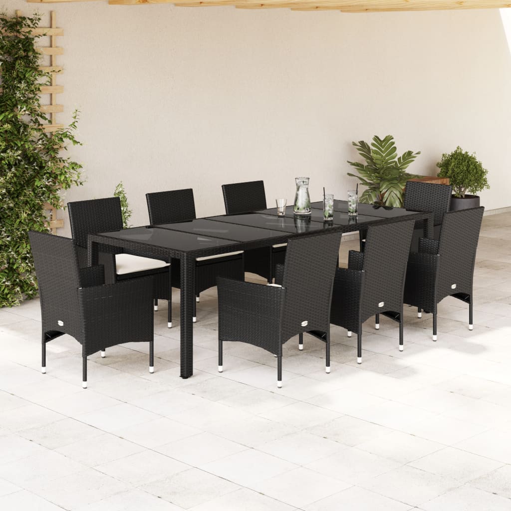 Vetonek Set comedor jardín 9 pzas cojines ratán sintético vidrio negro