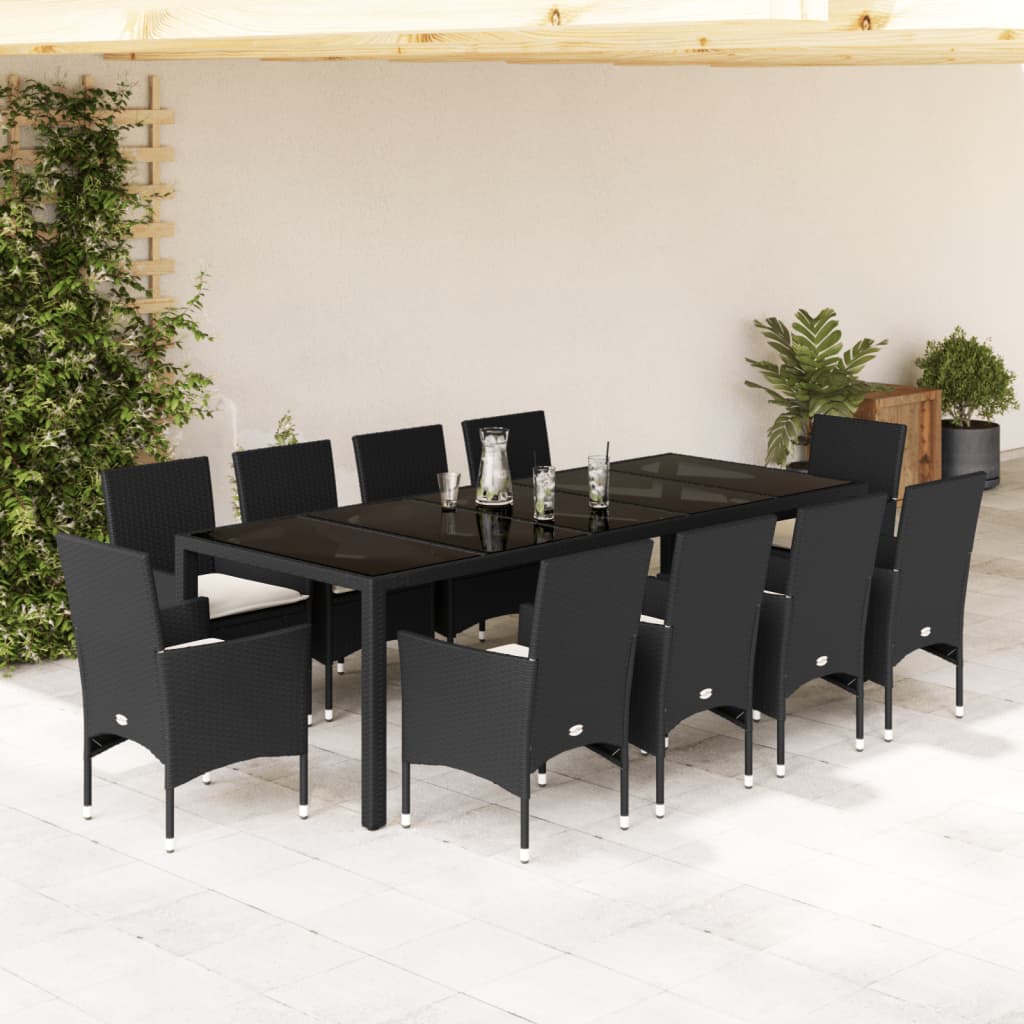 Vetonek Set comedor jardín 11 pzas cojines ratán sintético vidrio negro