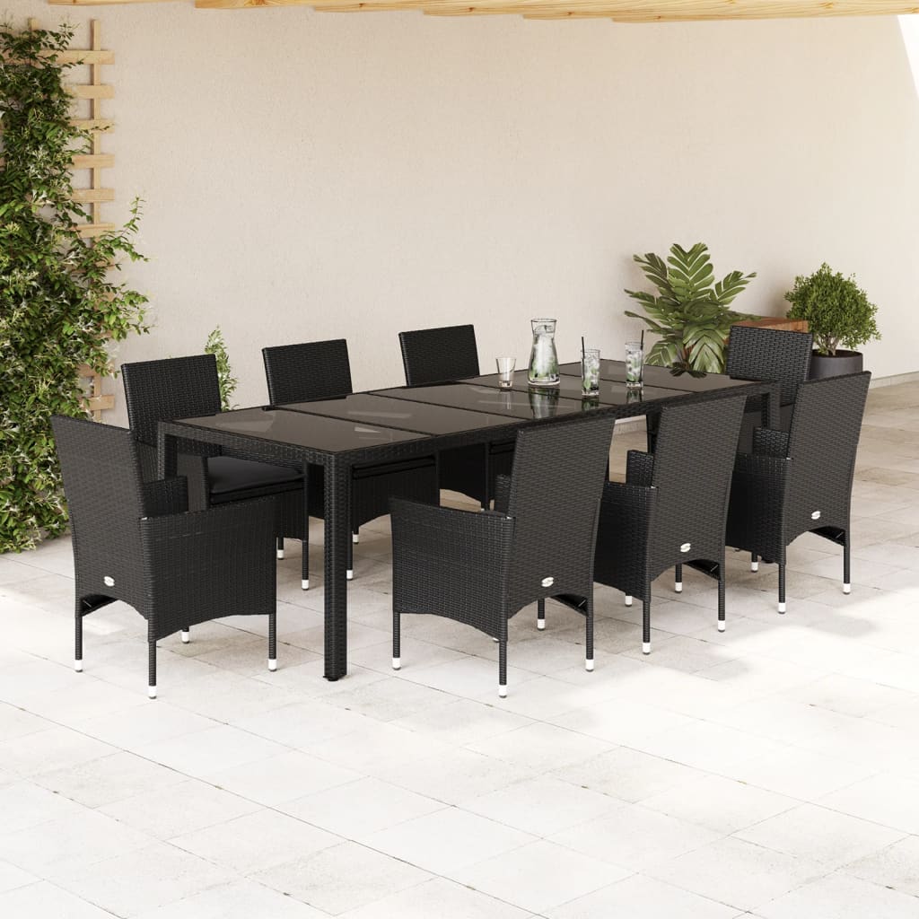 Vetonek Set comedor jardín 9 pzas cojines ratán sintético vidrio negro