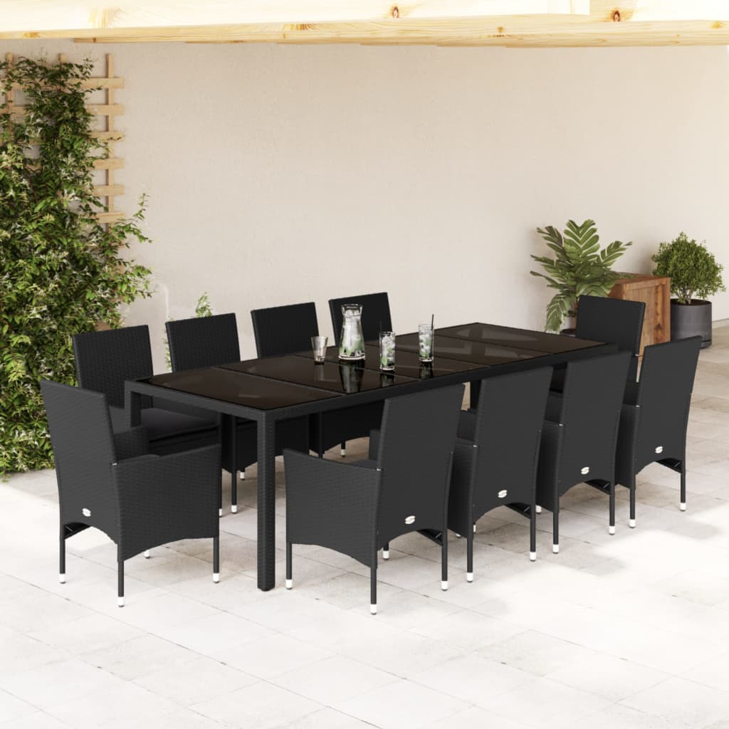 Vetonek Set comedor jardín 11 pzas cojines ratán sintético vidrio negro