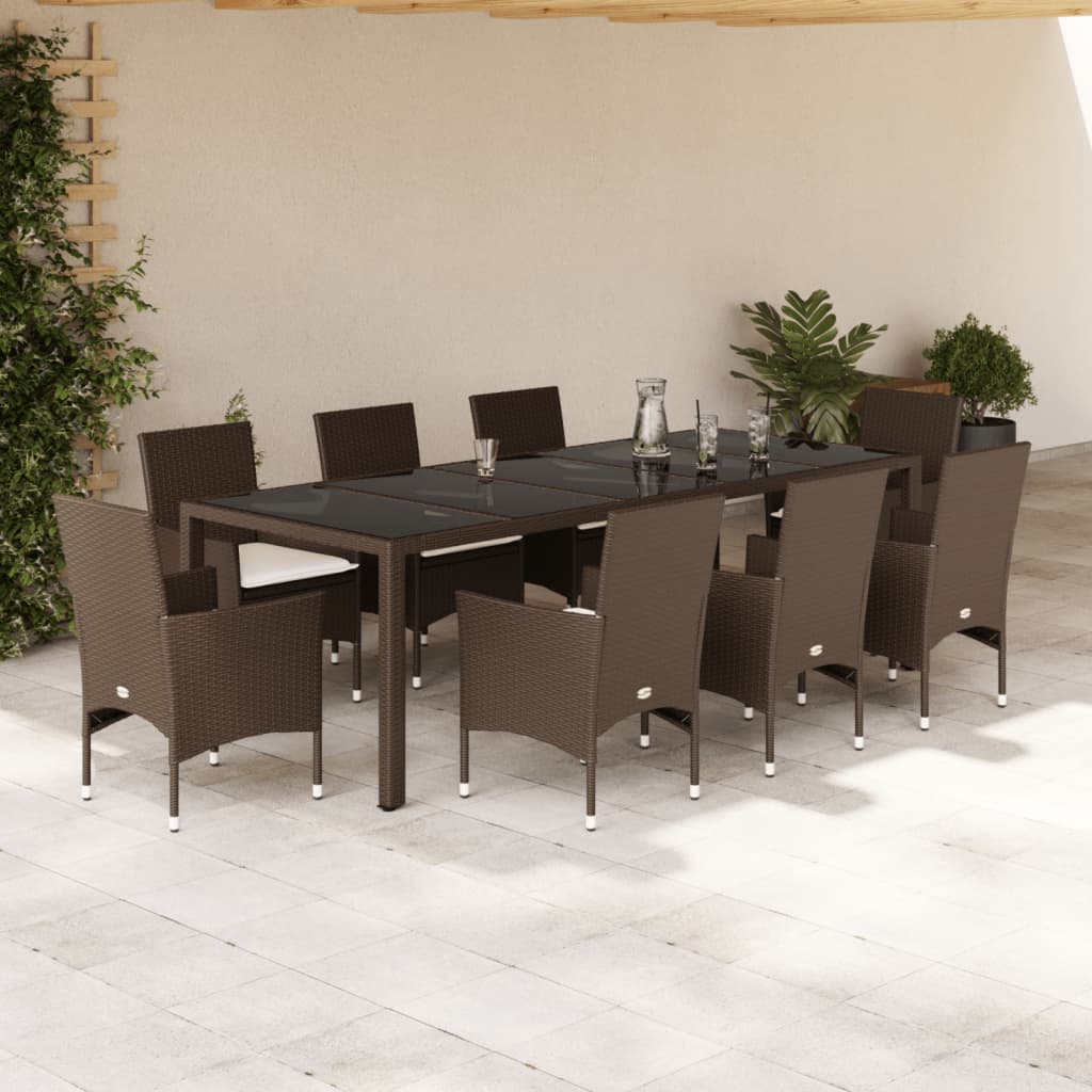 Vetonek Set comedor jardín 9 pzas cojines ratán sintético vidrio marrón