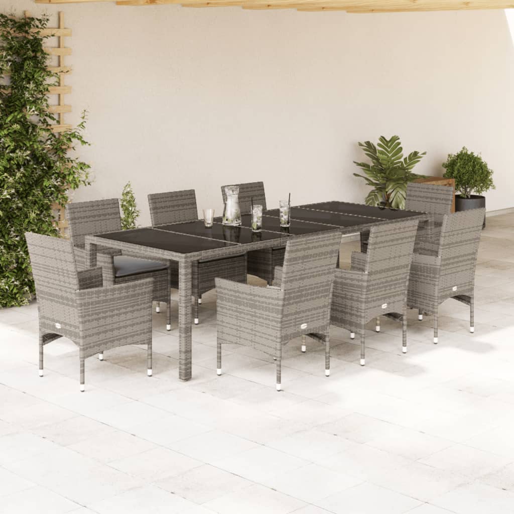 Vetonek Set comedor jardín 9 pzas y cojines ratán sintético vidrio gris