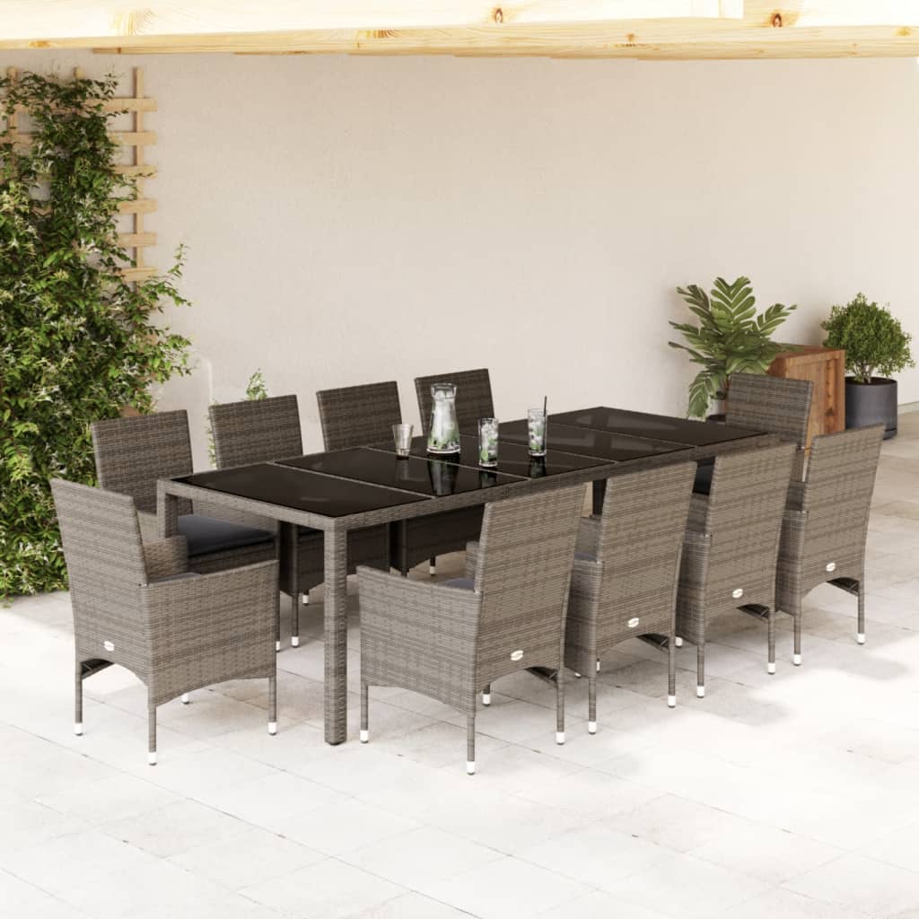 Vetonek Set comedor jardín 11 pzas cojines ratán sintético vidrio gris