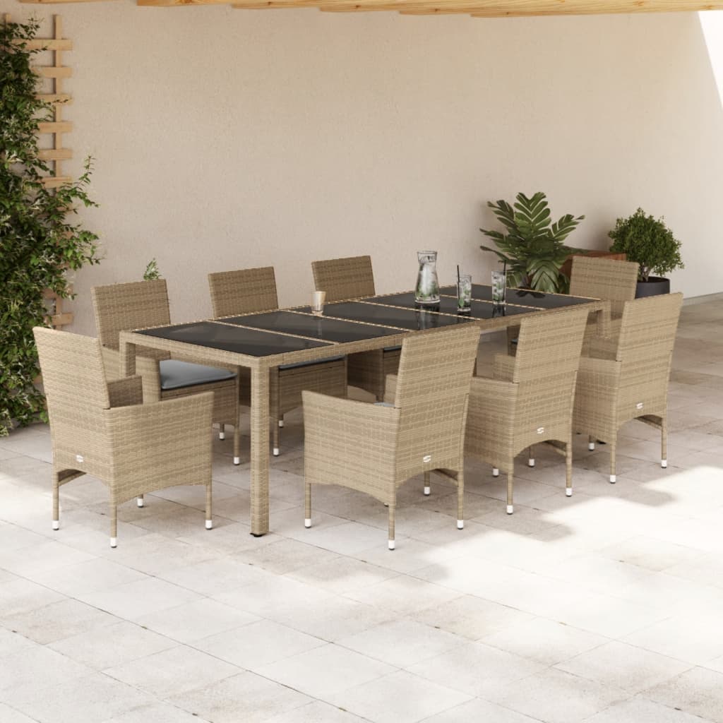 Vetonek Set comedor jardín 9 pzas cojines ratán sintético vidrio beige