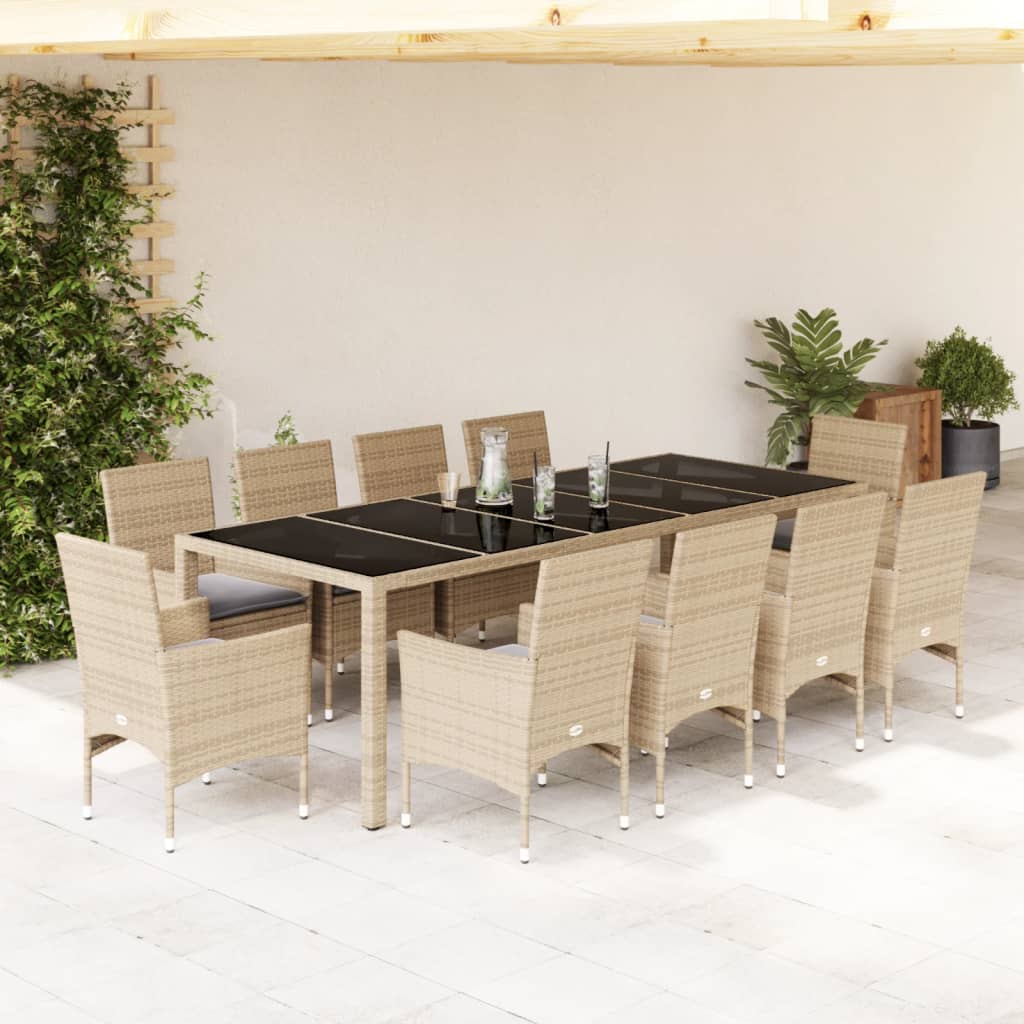 Vetonek Set comedor jardín 11 pzas cojines ratán sintético vidrio beige