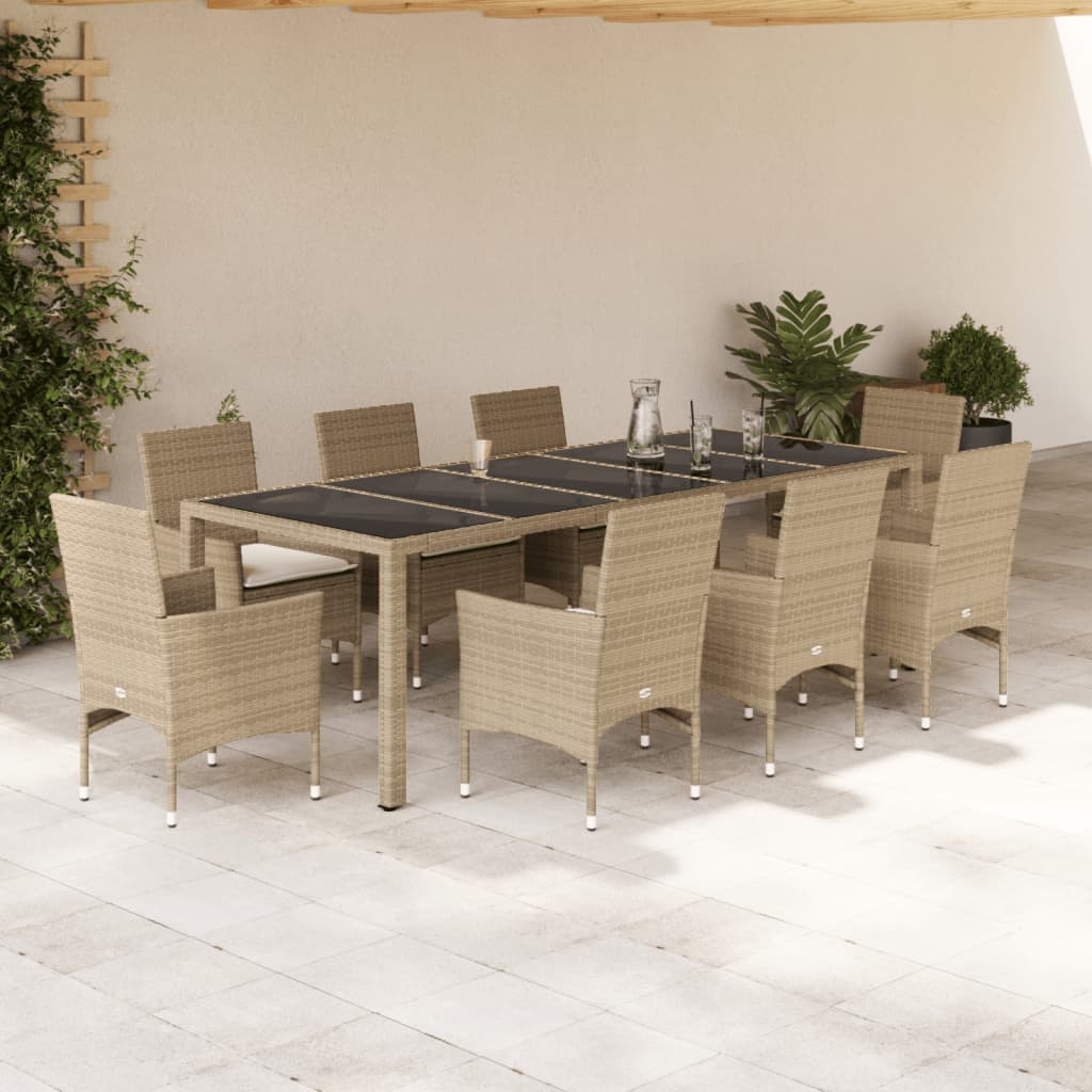 Vetonek Set comedor jardín 9 pzas cojines ratán sintético vidrio beige