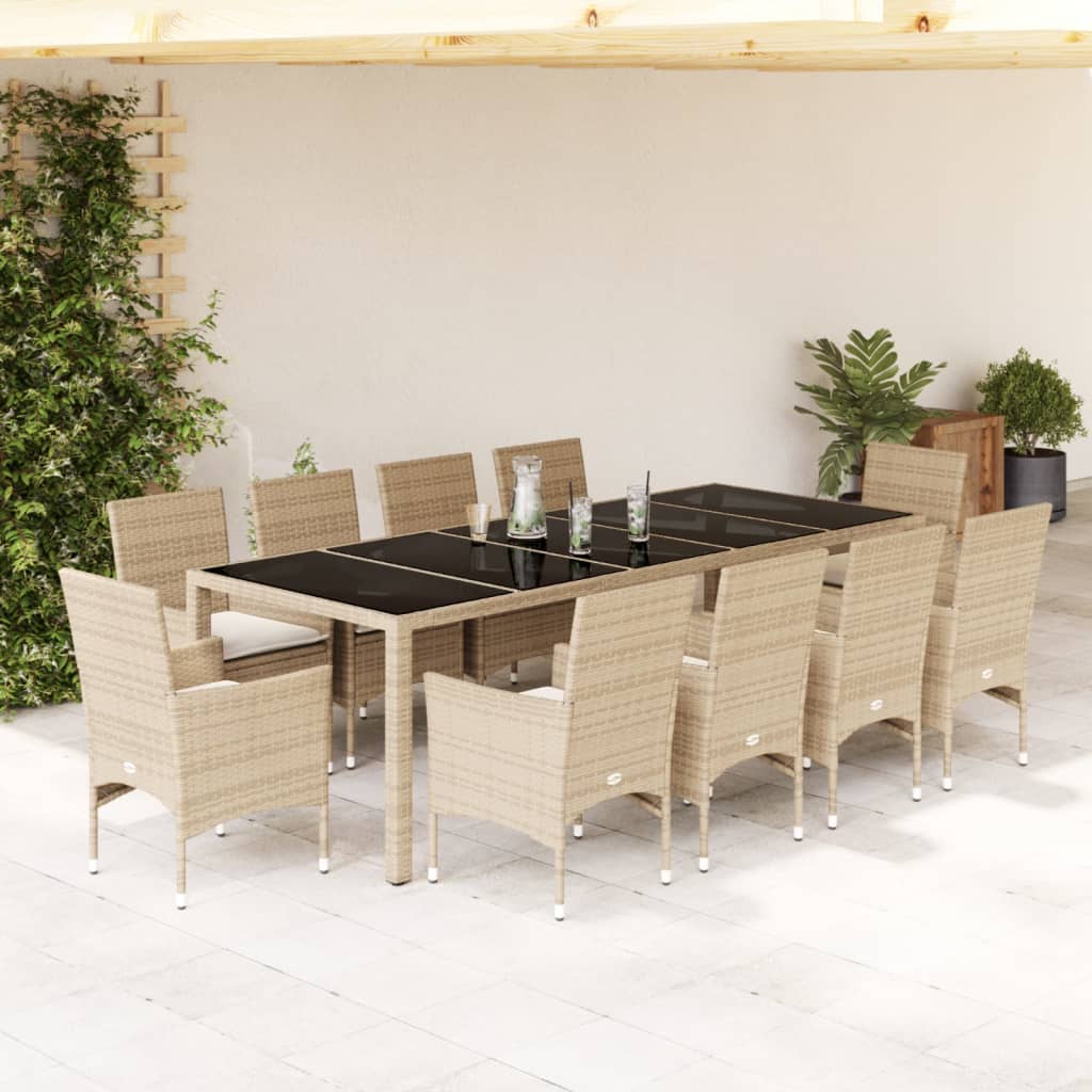 Vetonek Set comedor jardín 11 pzas cojines ratán sintético vidrio beige