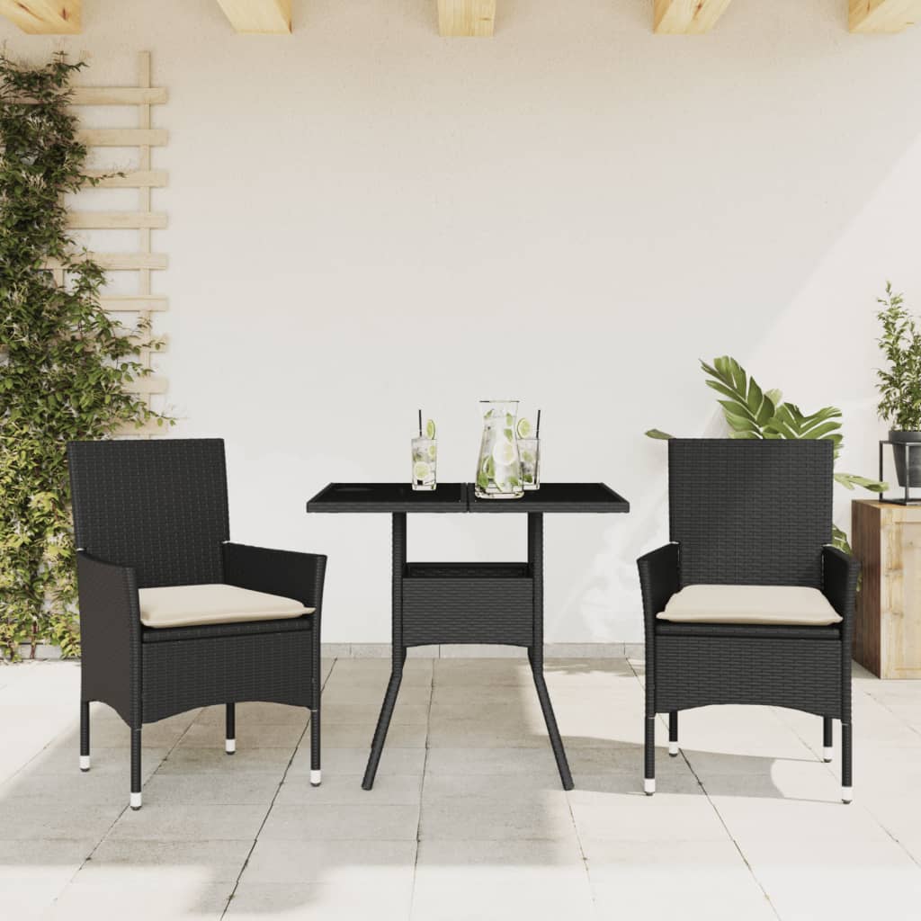 Vetonek Set comedor jardín 3 pzas cojines ratán sintético vidrio negro