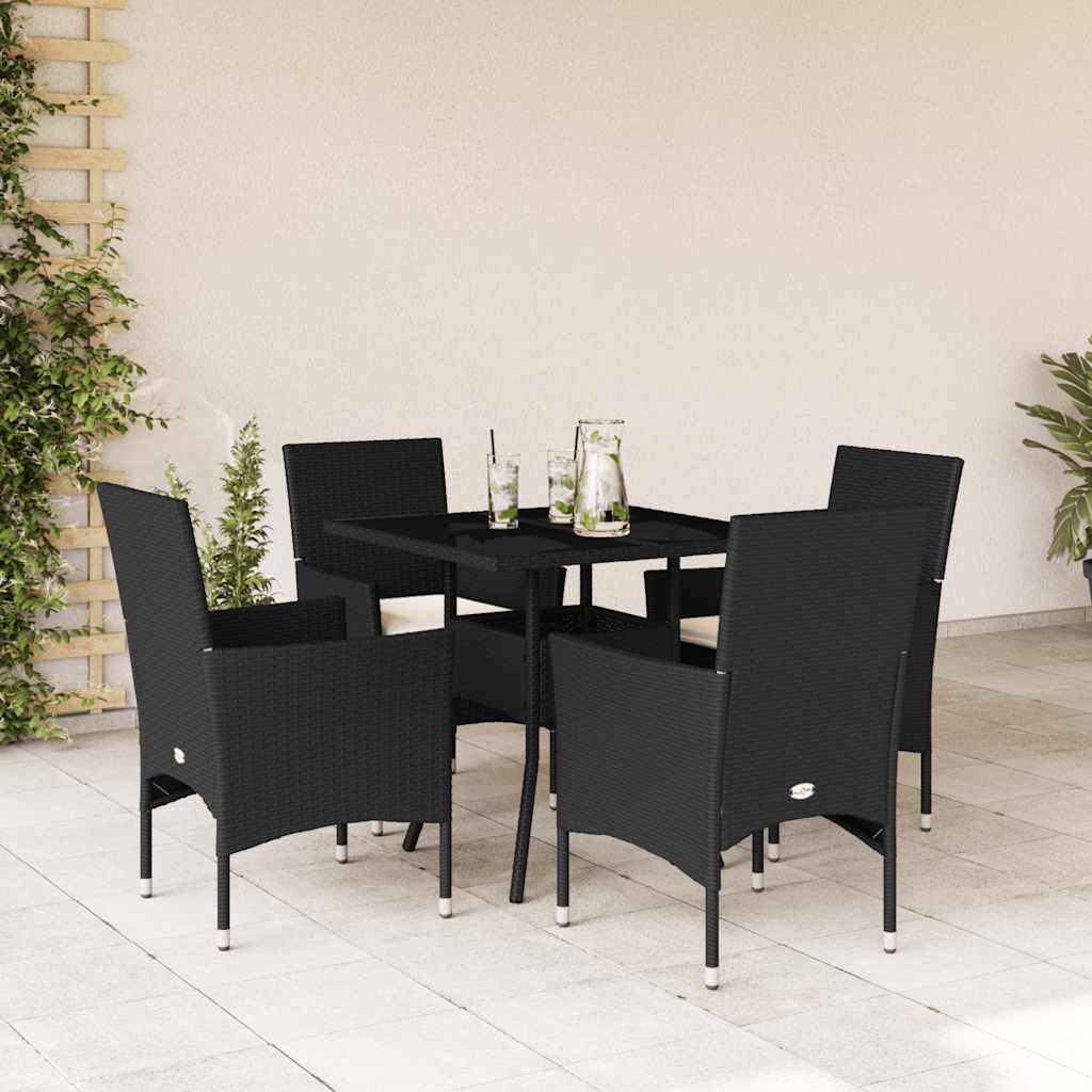 Vetonek Set comedor jardín 5 pzas cojines ratán sintético vidrio negro