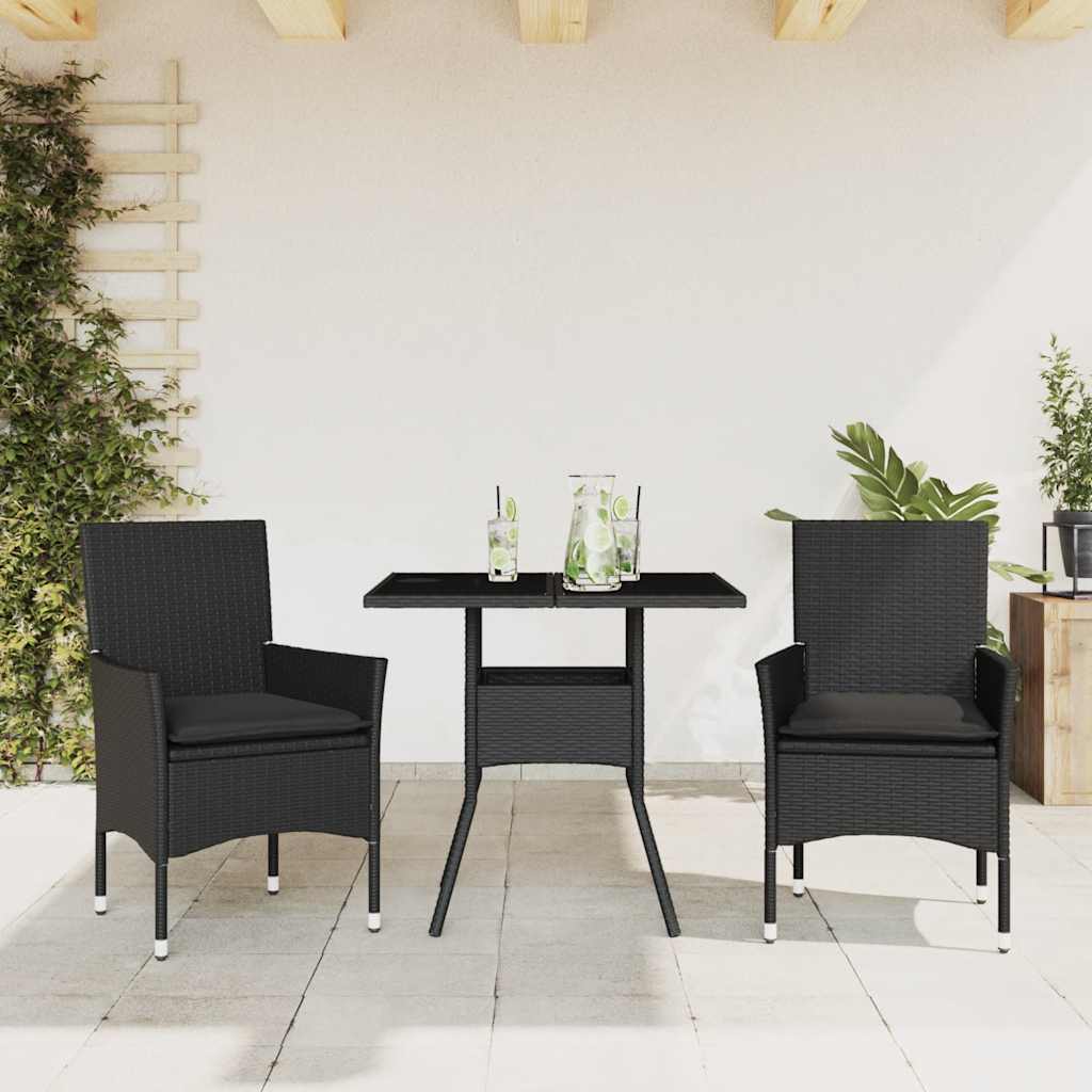 Vetonek Set comedor jardín 3 pzas cojines ratán sintético vidrio negro