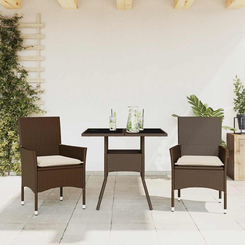 Vetonek Set comedor jardín 3 pzas cojines ratán sintético vidrio marrón