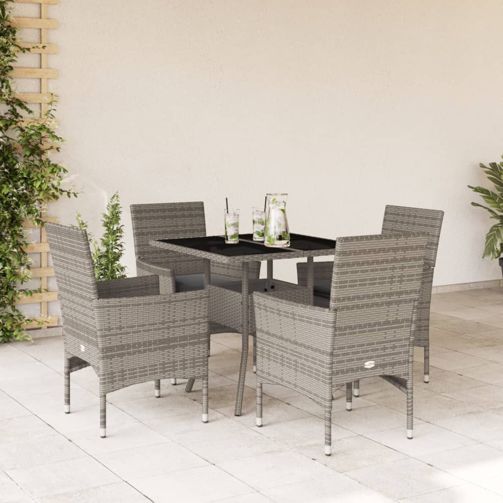 Vetonek Set comedor jardín 5 pzas y cojines ratán sintético vidrio gris