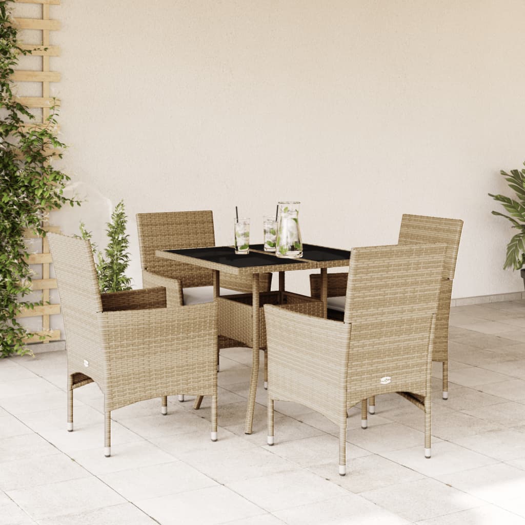 Vetonek Set comedor jardín 5 pzas cojines ratán sintético vidrio beige