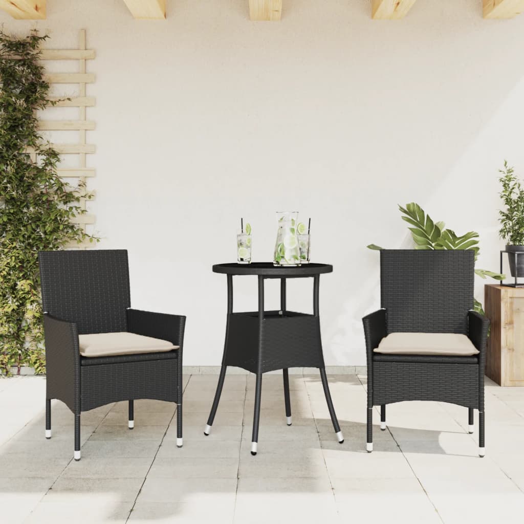 Vetonek Set comedor jardín 3 pzas cojines ratán sintético vidrio negro