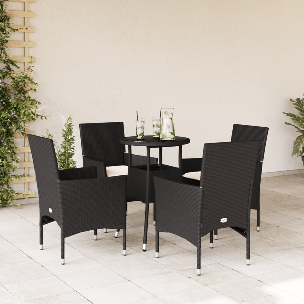 Vetonek Set comedor jardín 5 pzas cojines ratán sintético vidrio negro