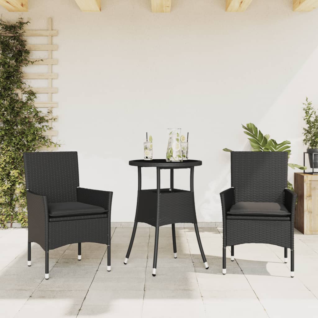 Vetonek Set comedor jardín 3 pzas cojines ratán sintético vidrio negro