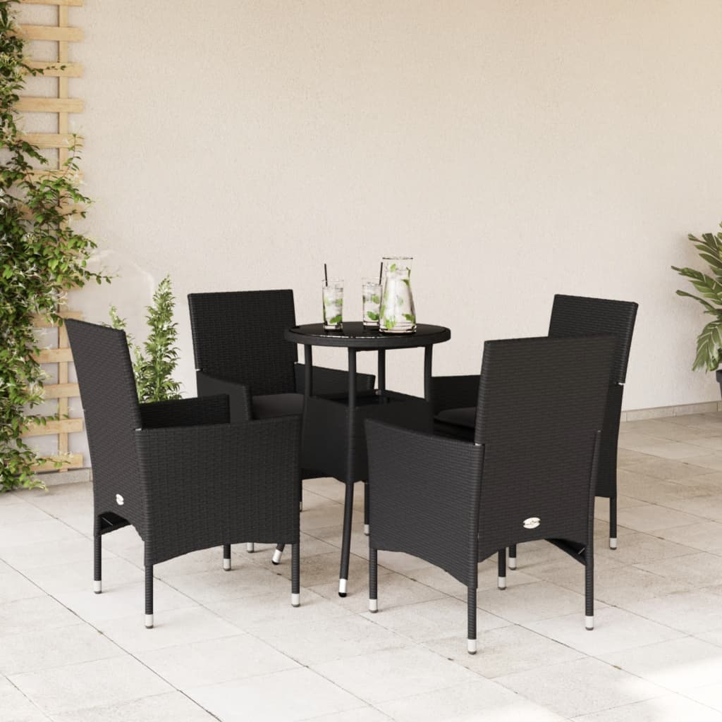 Vetonek Set comedor jardín 5 pzas cojines ratán sintético vidrio negro